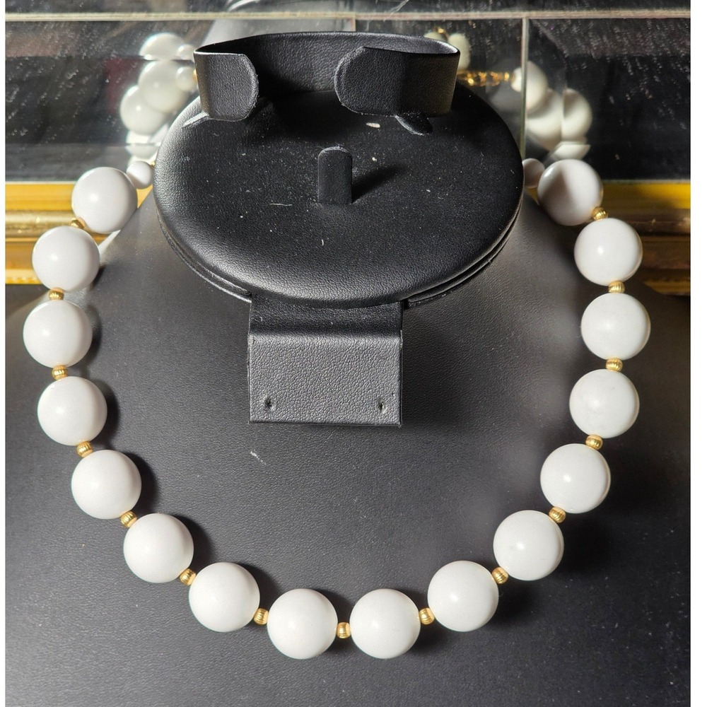 Vintage Gold-Tone Large‎ White Beaded Necklace | Adjustable Statement